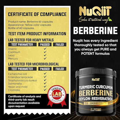 Berberine Supplement. Added Turmeric Curcumin, Trans-Resveratrol & More - Support Gastrointestinal, Body Management & Immune System - 60 Capsules