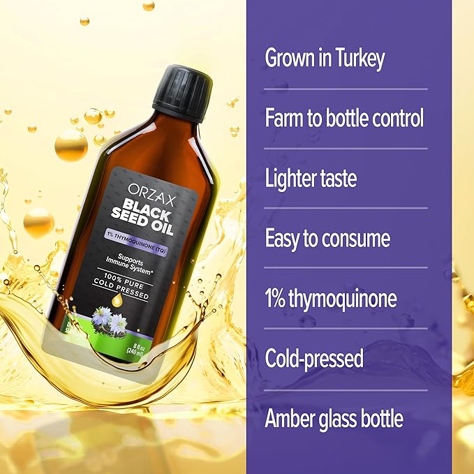 ORZAX Black Seed Oil Liquid (8 fl oz) - Cold Pressed 100% Pure | Vegan, Gluten Free, Non-GMO – Rich in Thymoquinone & Omega 3 6 9 | Nigella Sativa Black Cumin Essential Oil in Glass Bottle