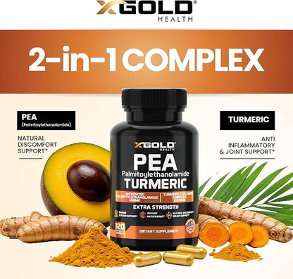 Palmitoylethanolamide 600mg + Turmeric Curcumin Complex 1000mg: Micronized Pea 99% Highly Purified and Bioavailable - Made in USA - Supplement for Men and Women - 120 Veggie Capsules