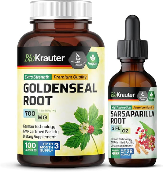 BIO KRAUTER Goldenseal 100 Capsules & Sarsaparilla Tincture 2 Fl. Oz.