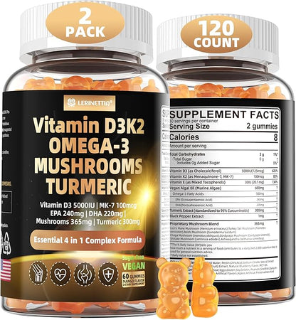 Vitamin D3 5000iu(125mcg) + Vitamin K2(MK7) Gummies with Algae Omega 3 | Maximum Strength Vitamin D3+K2 | for Bone, Teeth, Energy, Immune, Calcium Absorption - Vegan, Sugar Free,120Ct