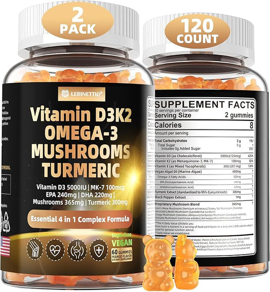 Vitamin D3 5000iu(125mcg) + Vitamin K2(MK7) Gummies with Algae Omega 3 | Maximum Strength Vitamin D3+K2 | for Bone, Teeth, Energy, Immune, Calcium Absorption - Vegan, Sugar Free,120Ct