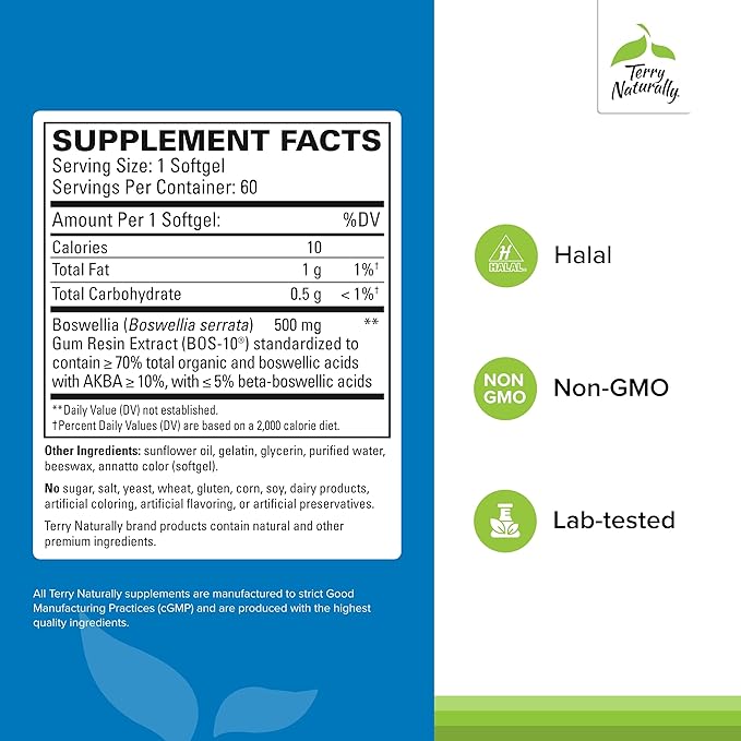 Terry Naturally BosMed 500 - Boswellia Serrata Extract Supplement - Dietary Supplement for Healthy Lung Support - Herbal Supplement Formula - 60 Softgels (Pack of 2)