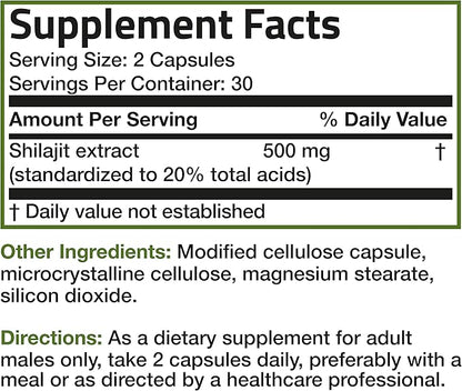 Bronson Shilajit Extract 500 MG Per Serving, Supports Energy Production & Vitality, Standardized to 20% Total Acids, Non-GMO, 60 Vegetarian Capsules