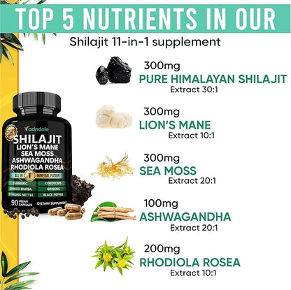 Shilajit Ultra Force 11-in-1. Pure Himalayan Organic Shilajit Capsules with Sea Moss Ashwagandha Rhodiola Rosea Panax Ginseng Turmeric Lion’s Mane Ginkgo Cordyceps Stinging Nettle