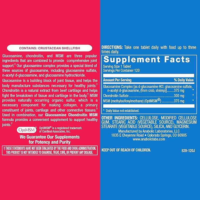 Anabolic Laboratories Glucosamine Chondroitin MSM Joint Support Supplement for Men and Women, 120 Tablets - Joint Tissue and Cartilage Health - Glucosamine Complex with Chondroitin and OptiMSM