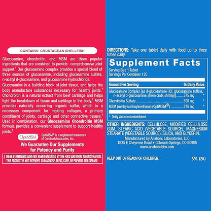Anabolic Laboratories Glucosamine Chondroitin MSM Joint Support Supplement for Men and Women, 120 Tablets - Joint Tissue and Cartilage Health - Glucosamine Complex with Chondroitin and OptiMSM