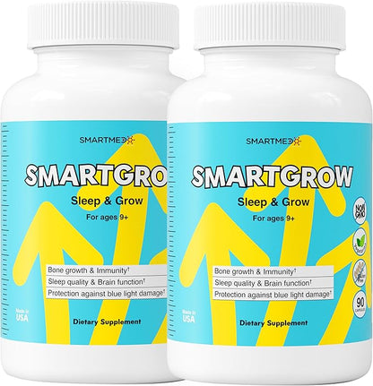SMARTGROW 5-in-1 Premium Height Growth - Calcium, Vitamin D3, L-arginine - Sleep Aid for Maximum Growth, Immunity Support, Brain Health, Bone Strength, Eye Health (90 Count (Pack of 2))