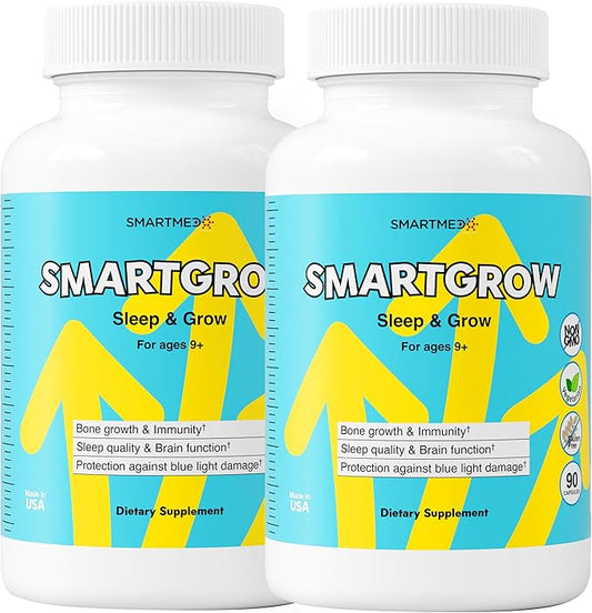 SMARTGROW 5-in-1 Premium Height Growth - Calcium, Vitamin D3, L-arginine - Sleep Aid for Maximum Growth, Immunity Support, Brain Health, Bone Strength, Eye Health (90 Count (Pack of 2))