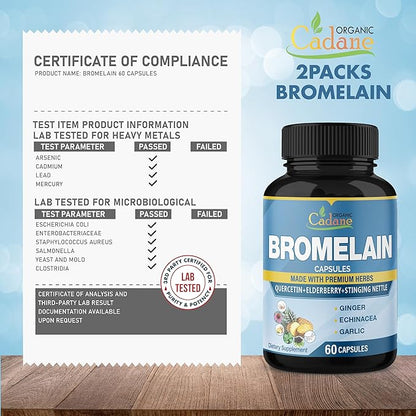 Organic Cadane 2 Packs 60caps of Bromelain Supplement Capsules, with Quercetin, Elderberry, Ginger, Echinacea, Garlic, Black Pepper, 2 Months Supply