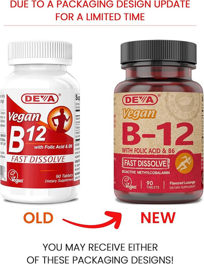 DEVA Vegan Vitamin B12 Fast Dissolve Supplement - Once-Per-Day Complex with 1000 Mcg Methylcobalamin B12, Folic Acid, B6 - Lemon Flavor - 90 Dissolvable Tablets,