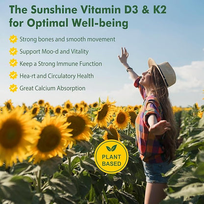 Liposomal Vitamin D3 10000 IU w/Vitamin K2 (MK-7), Turmeric, MCT Oil, Magnesium & Zinc for Max Calcium Absorption, D3 and K2 Supplements for Bone, Moo-d & Immune, Vegan, 120Cts