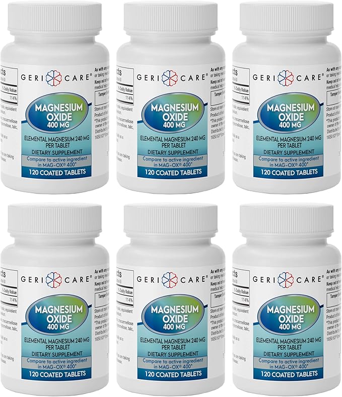 GeriCare Magnesium Oxide Supplement 240 mg - Elemental Magnesium, 120 Coated Tablets – Essential Mineral Support - Promotes Vascular Health, Bone Strength, and Muscle Function (Pack of 6)