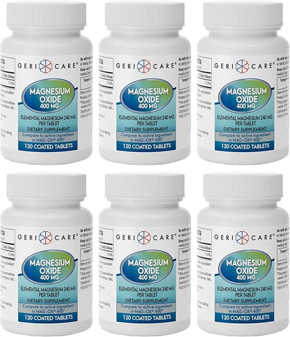 GeriCare Magnesium Oxide Supplement 240 mg - Elemental Magnesium, 120 Coated Tablets – Essential Mineral Support - Promotes Vascular Health, Bone Strength, and Muscle Function (Pack of 6)