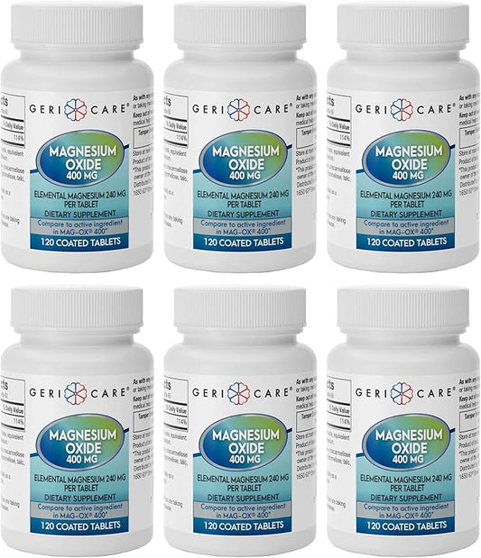 GeriCare Magnesium Oxide Supplement 240 mg - Elemental Magnesium, 120 Coated Tablets – Essential Mineral Support - Promotes Vascular Health, Bone Strength, and Muscle Function (Pack of 6)