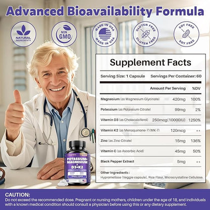 Magnesium Potassium Vitamin D3 K2 10000IU+120MCG Supplement - Supports Bone, Heart, Immune Health, Mood Balance & Energy for Women & Men - Enhanced Absorption, Non-GMO - 60 Capsules