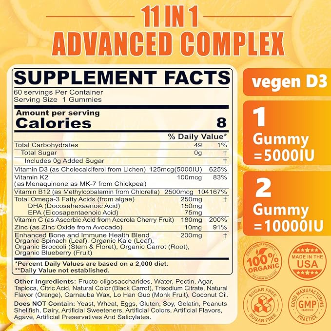 Organic Plant D3 5000 IU + K2(MK-7)100 mcg -5X Absorption Than Standard D3K2, 100% Whole Food Derived Omega-3,Methyl B12,Vitamin C, Zinc,and 5 Organic Vegetables,Supports Bone & Teeth Strength, Immune