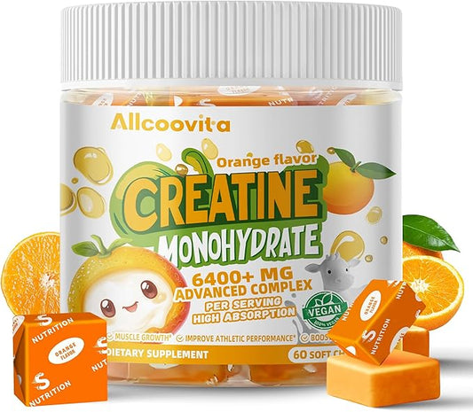 Creatine Monohydrate Chews Complex 6400mg for Men & Women -Advanced Formula W/L-Taurine + Vitamin B12, Sugar Free Chewable Supplement,60 Orange Softchews
