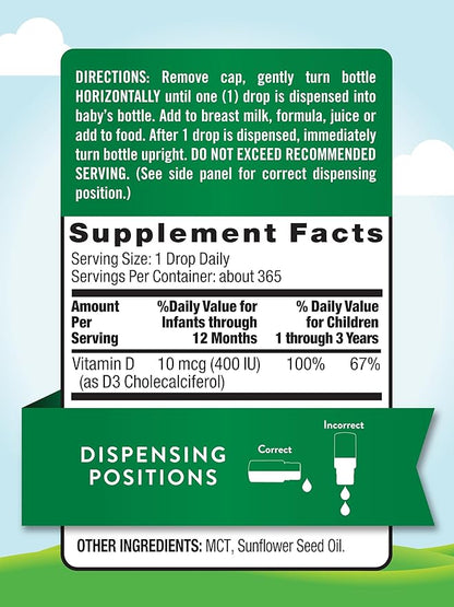 Nature's Truth Vitamin D Drops for Infants | 400 IU | 9.2 mL | D3 for Kids | Vegetarian, Non-GMO & Gluten Free Supplement