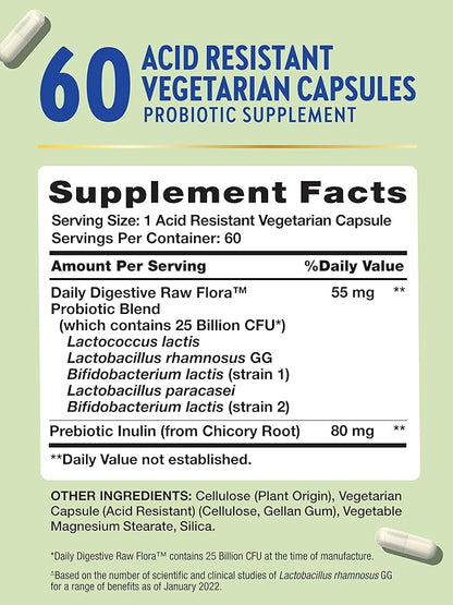 Raw Flora Probiotic with Prebiotics | 25 Billion CFU | Daily Digestive Capsules | Vegetarian & Gluten Free Supplement for Men and Women | by Nature's Truth