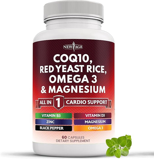 NEW AGE COQ10 200mg Red Yeast Rice, Omega 3, Magnesium Complex, Zinc Vitamin K2 D3 - Heart Health Support Vitamins for Women and Men with Vitamin B3, Coenzyme Q10-60 Count