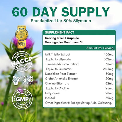 Milk Thistle Liver Detox Supplement 400mg with Dandelion Root & Artichoke Silymarin, 60 Capsules Liver Cleanse Liver Support Herbal Health Supplement, Antioxidant Support