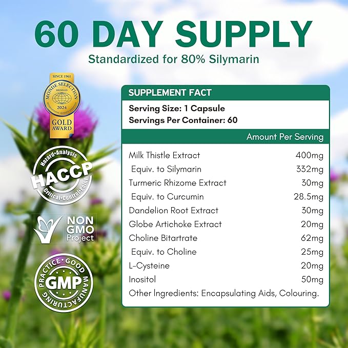 Milk Thistle Liver Detox Supplement 400mg with Dandelion Root & Artichoke Silymarin, 60 Capsules Liver Cleanse Liver Support Herbal Health Supplement, Antioxidant Support