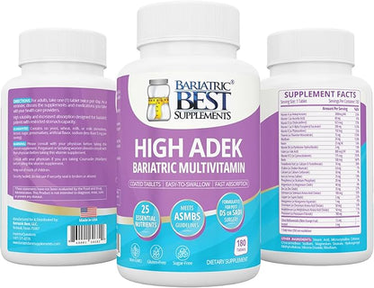 High A D E K Bariatric Multivitamin for Post DS/SADI Surgery, 25 Essential Nutrients for Post-Weight Loss Surgery, 180 Tablets, Meets ASMBS Guidelines for Bariatric Bypass