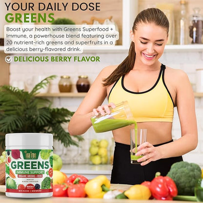 Greens Immune Support, Berry Superfood Blend Organic Vegan Greens + Reds Amazing Taste Mixed Berry Natural Flavor 270g (9.5 Oz) Detox, Gluten Free, Dietary Supplement