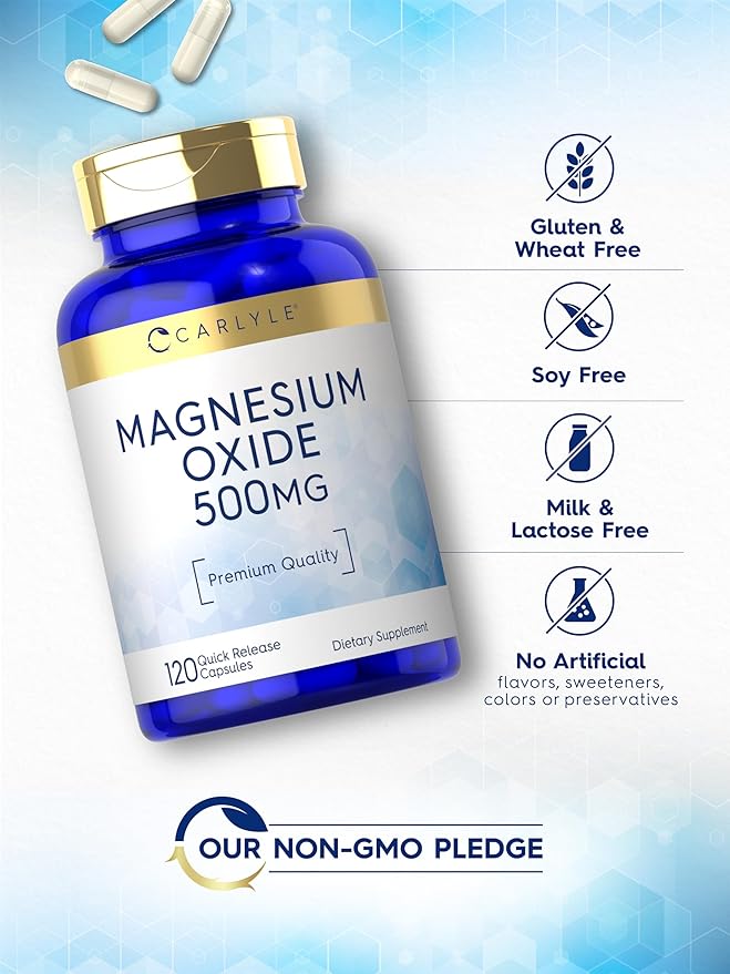 Carlyle Magnesium Oxide 500mg | 120 Capsules | Premium Quality | Non-GMO and Gluten Free Supplement