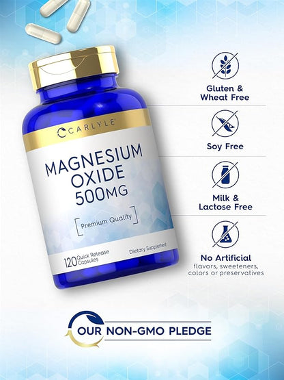 Carlyle Magnesium Oxide 500mg | 120 Capsules | Premium Quality | Non-GMO and Gluten Free Supplement