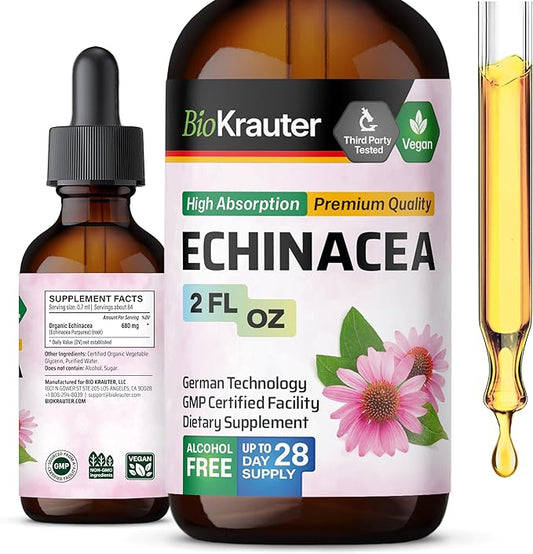 BIO KRAUTER Echinacea Tincture - Natural Immune Support - Echinacea Supplement - Vegan, Alcohol & Sugar Free Drops - 2 Fl.Oz.