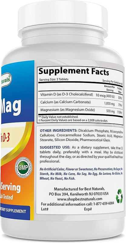 Best Naturals Calcium Magnesium with Vitamin D3 1500mg Serving 180 Tablets (180 Count (Pack of 1))