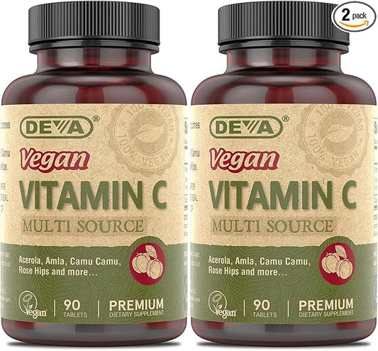 DEVA Vegan Vitamin C 250mg Tablets 2-Pack – Non-GMO, Potent, Multi-Source Food-Based Formulation, 90 Count Ea