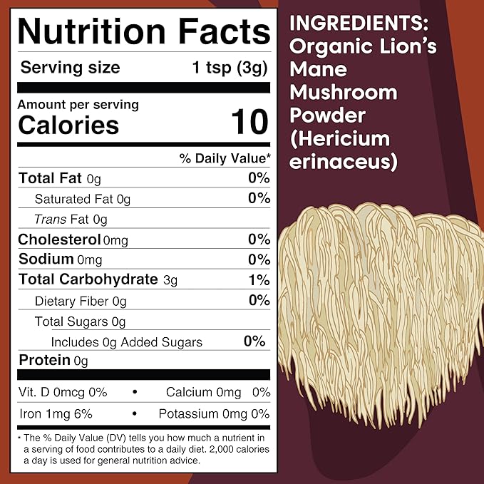 Wilderness Poets, Organic Lions Mane Mushroom Powder - California Grown - Bulk Size (16 Ounce - 1 Pound)
