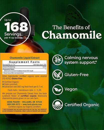 Herb Pharm Certified Organic Chamomile Liquid Extract for Calming Nervous System Support - 4 Ounce