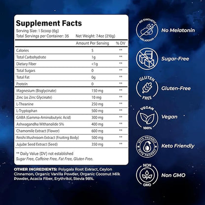 Magnesium Glycinate Powder, Upgraded Formula with Vanilla Coconut Powder, GABA, L-Theanine, Ashwagandha and Chamomile, Natural Berry Flavor - Perfect for Evening Wind-Down & Cozy Nights