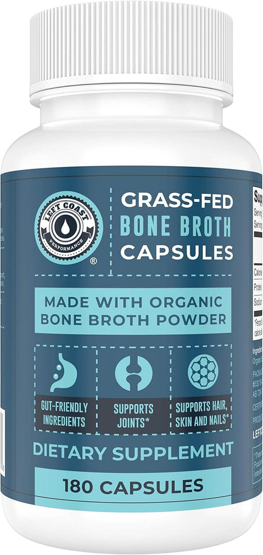 Grass-Fed Bone Broth Capsules with Collagen from Organic Bone Broth Powder. Collagen Supplement for Nails, Hair, Joints and Digestive Health* Support. Gut Friendly-Ingredients, 180 Capsules