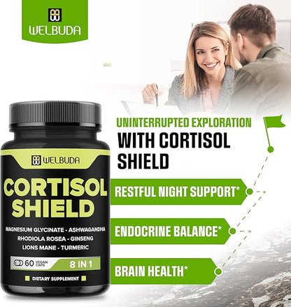 8in1 Cortisol Shield - Ashwagandha and Magnesium, Rhodiola Rosea, Lions Mane, Gingsen, and 3 More - Relaxation & Restful Night Support & Mood Balance - 60 Count