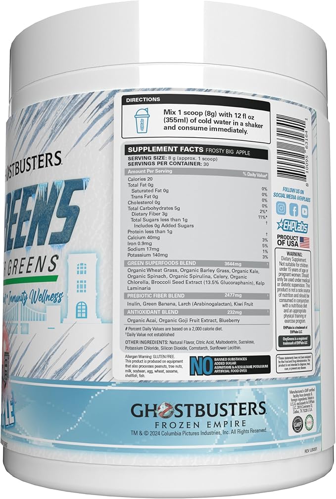 EHP Labs x Ghostbusters OxyGreens Super Greens Powder - Spirulina & Chlorella Superfood, Green Juice Powder with Prebiotic Fibre, Antioxidants & Immunity Support, 30 Serves (Frosty Big Apple)