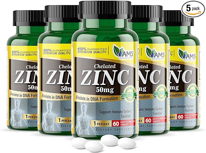 America Medic & Science Chelated Zinc 50 mg Supplements (5 Pack of 60 Tablets) Immune Booster and Powerful Antioxidant Pills for Adults Men and Women | Highly Absorbable Mineral, Improves Mood & Sleep