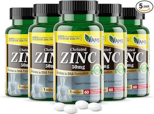 America Medic & Science Chelated Zinc 50 mg Supplements (5 Pack of 60 Tablets) Immune Booster and Powerful Antioxidant Pills for Adults Men and Women | Highly Absorbable Mineral, Improves Mood & Sleep