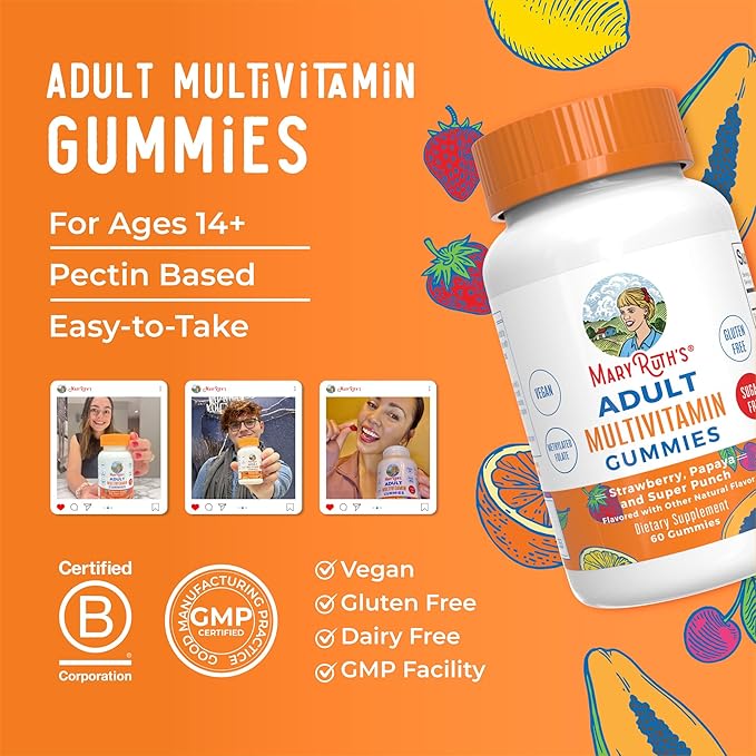 MaryRuth Organics Multivitamin for Women and Men | Sugar Free | Adult Multimineral Gummy with Vitamin C | D and E | B Vitamins | Biotin | Zinc | Vegan | Non-GMO | Gluten Free | 60 Count