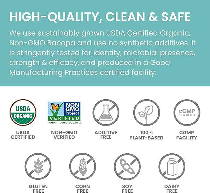 Himalaya Organic Bacopa Monnieri Nootropic Herbal Supplement, Supports Calm, Memory, Cognition, USDA Certified Organic, Non-GMO, 750 mg, 60 Plant-Based Caplets, 60 Day Supply