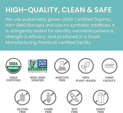 Himalaya Organic Bacopa Monnieri Nootropic Herbal Supplement, Supports Calm, Memory, Cognition, USDA Certified Organic, Non-GMO, 750 mg, 60 Plant-Based Caplets, 60 Day Supply
