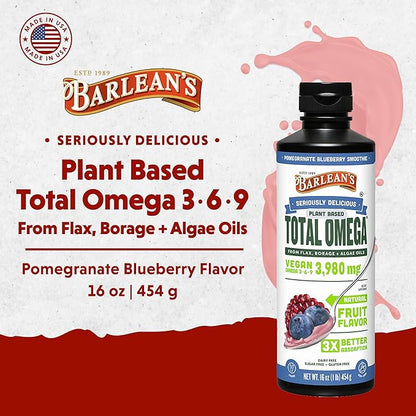 Barlean's Liquid Flaxseed, Borage and Algae Oils Omega 3 Supplement, Pomegranate Blueberry Flavor, Vegan EPA and DHA, Flax and Borage Seed Oil with 3,980 mg of Omega-3-6-9, 16 oz