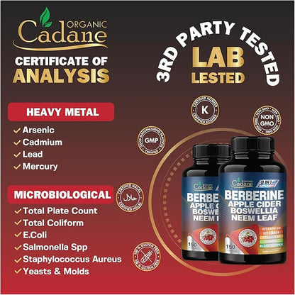 Organic Cadane Berberine Supplement 150 Capsules, with Neem Leaf, Apple Cider Vinegar, VIT D3, E & More - Berberine Extract 35:1- Support for Immune System, Digestion & Overall Health