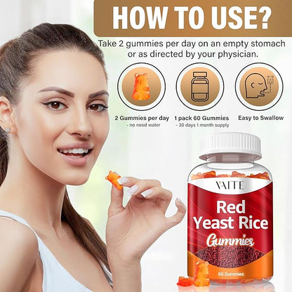 VAITE Red Yeast Rice with Coq10 Gummies - 1200 mg RYR Synergy Organic Supplement with Coenzyme Q10 Monacolin K, Non-GMO & Citrinin Free Herbal Vegetarian Gummy Chews 60 Count (2 Pack)