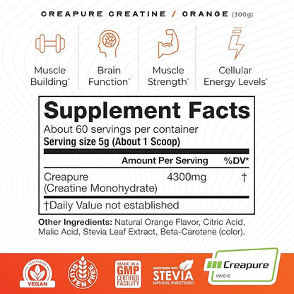 Muscle Feast Creapure Creatine Monohydrate Powder, Vegan Keto Friendly Gluten-Free Easy to Mix, Muscle Recovery Supplement and Best Creatine for Muscle Growth, Natural Orange, 300g