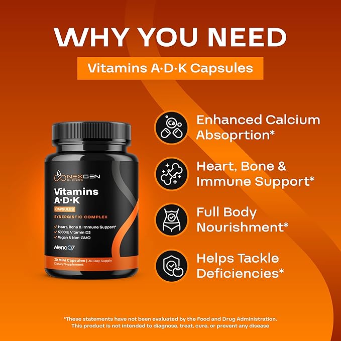 High Absorption ADK Vitamin Supplement - Vegan Vitamin D3 K2 MK7 & A for Calcium Regulation plus Bone Heart Thyroid & Immune Support - Vitamin ADK with 5000IU D3 Non GMO & Gluten Free (2 Months)